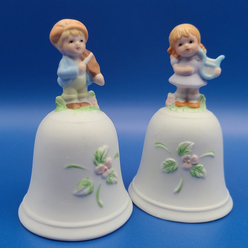 2 Vintage Homco Bells 1416 Boy Violin Girl Harp Porcelain Bisque 4"H